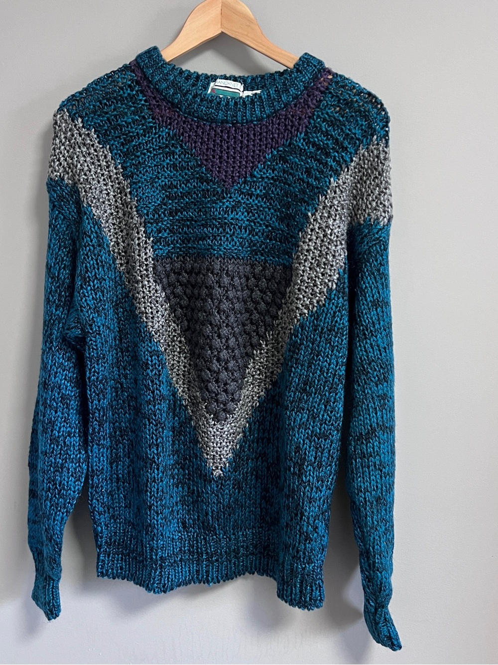 Vintage Acrylic Handknit Textured Knit Sweater Teal XL